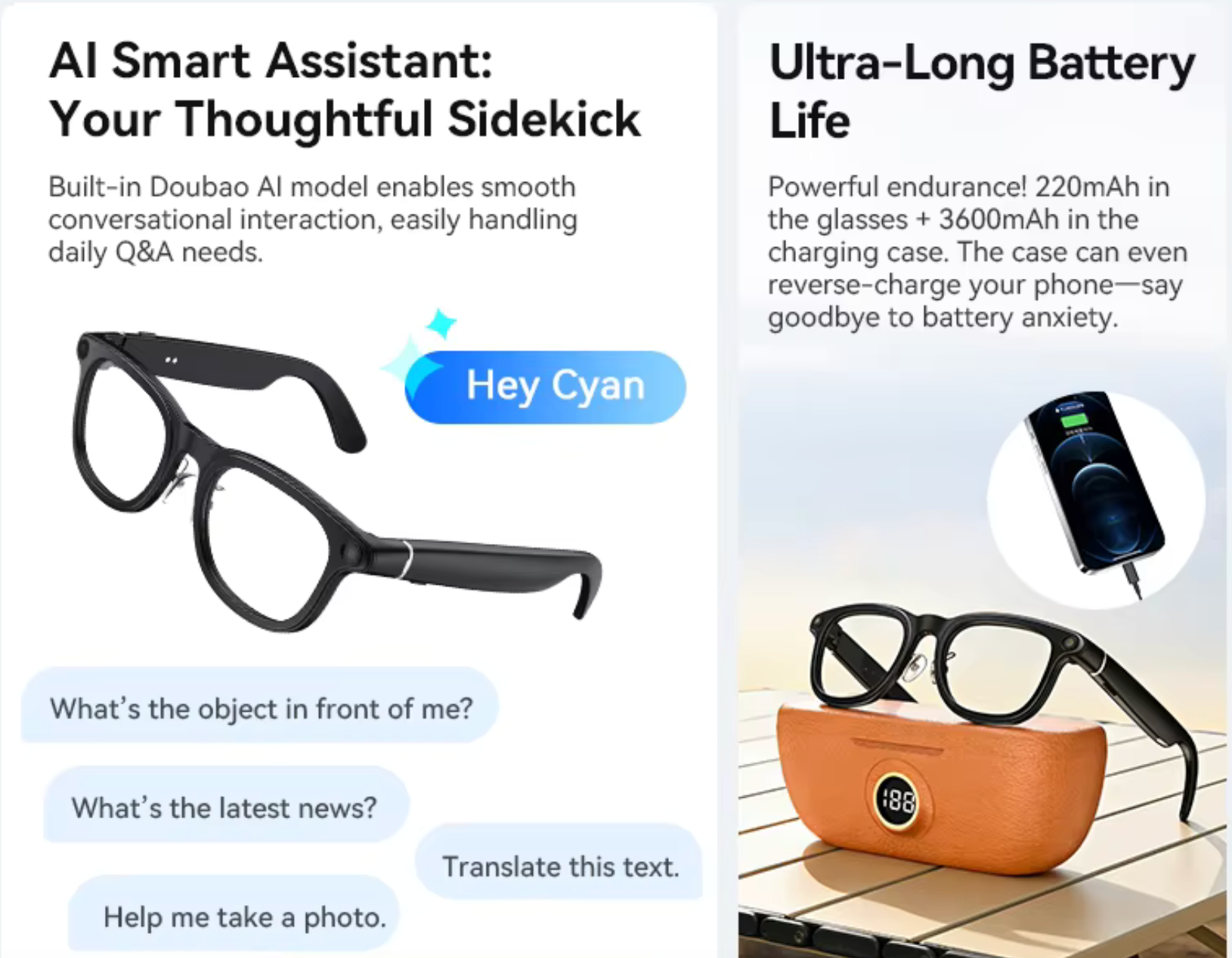 VIZER VISION CORE glasses with AI assistant features and battery life capabilities on a white background.