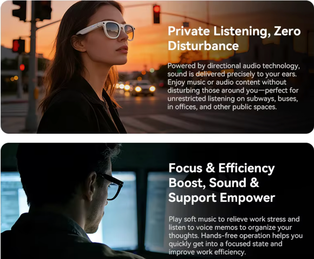 Two images showing a woman and a man with text about private listening and focus efficiency. featuring info about VIZER VISION CORE