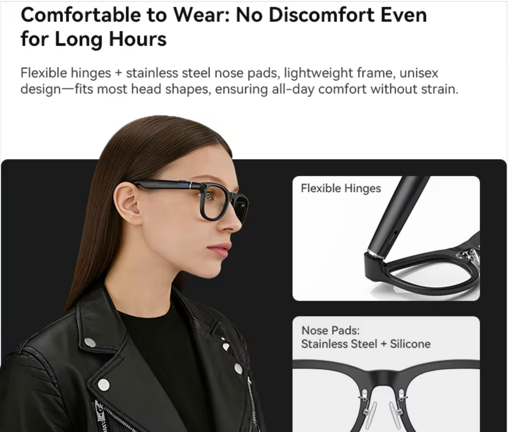 Woman wearing VIZER VISION CORE glasses with text about comfort and design features.
