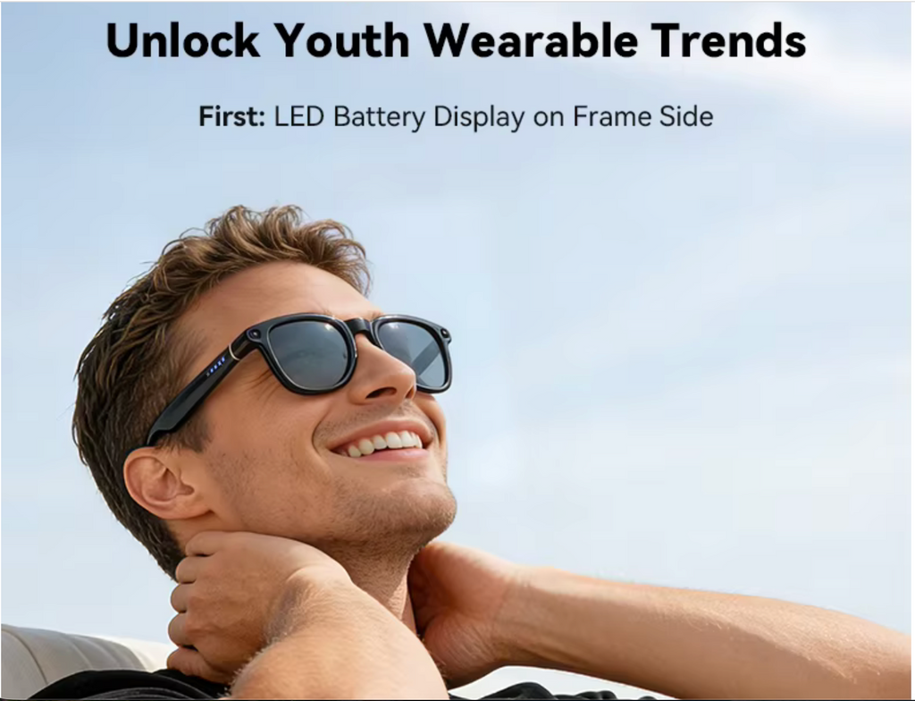 Man wearing VIZER VISION CORE glasses with text about youth wearable trends and LED battery display.