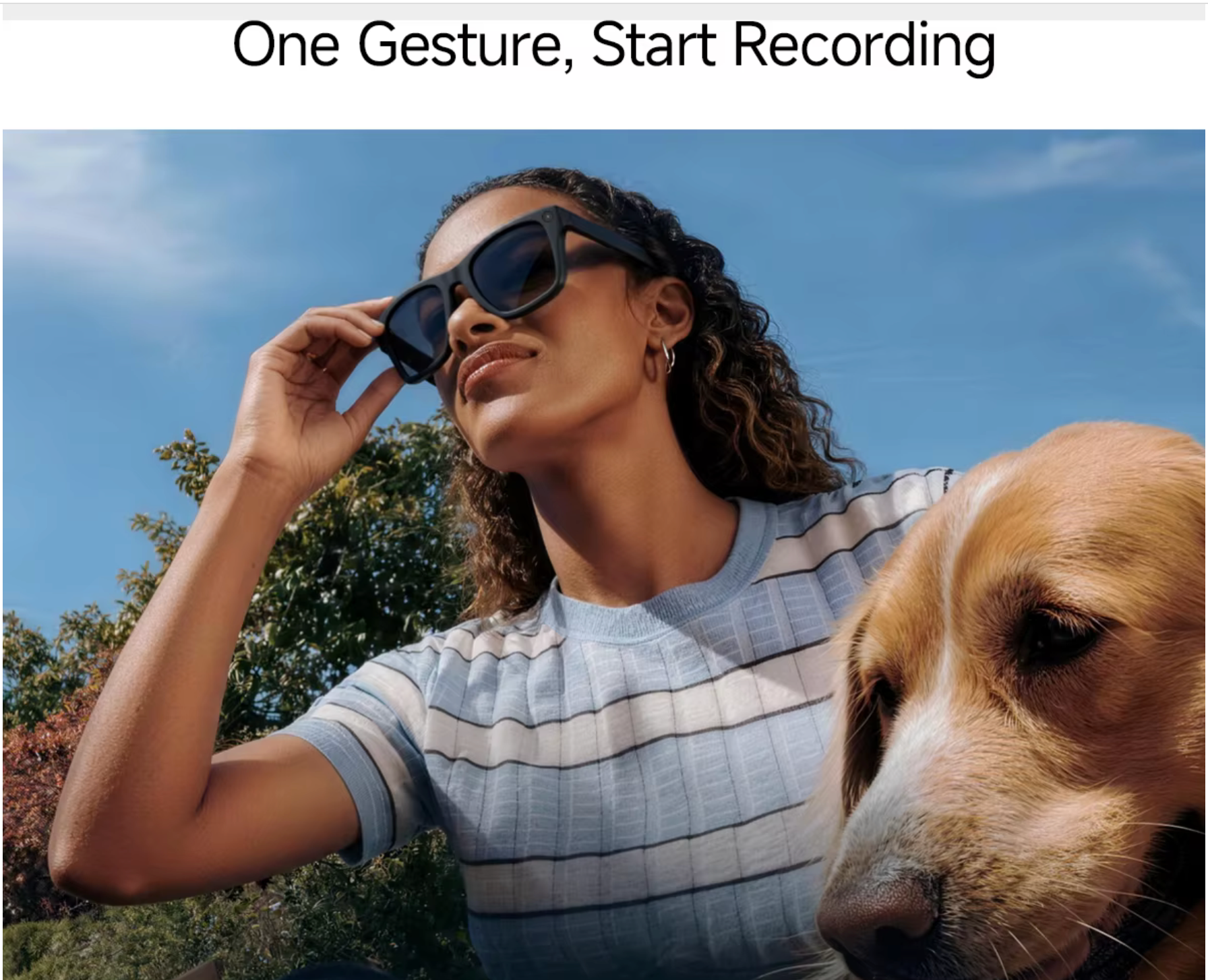 Woman wearing sunglasses with a dog, promoting Vizer Vision Aura features for hands-free recording.