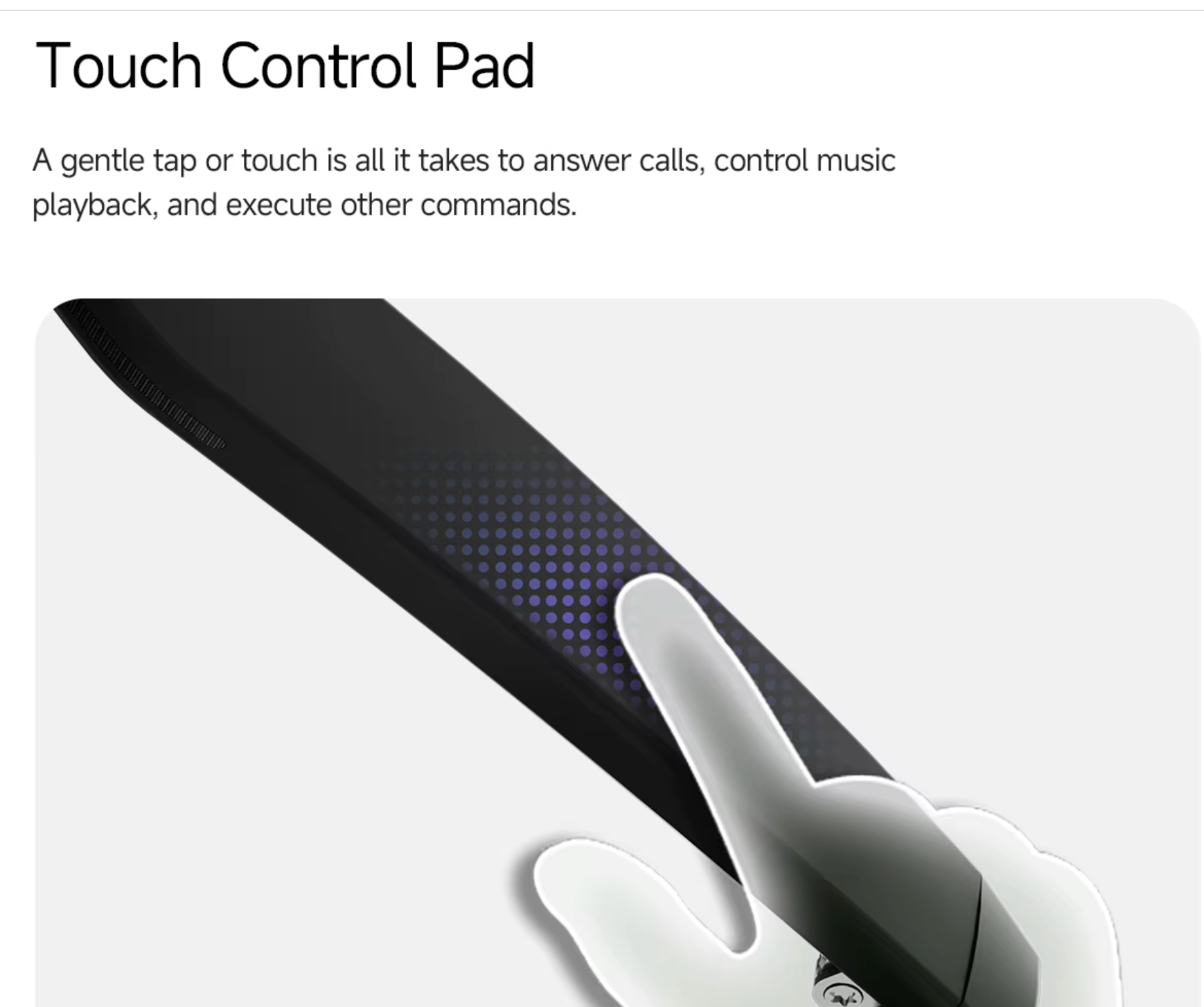 Close-up of the touch control pad of Vizer Vision Aura, demonstrating fingertip interaction for calls and music command execution.