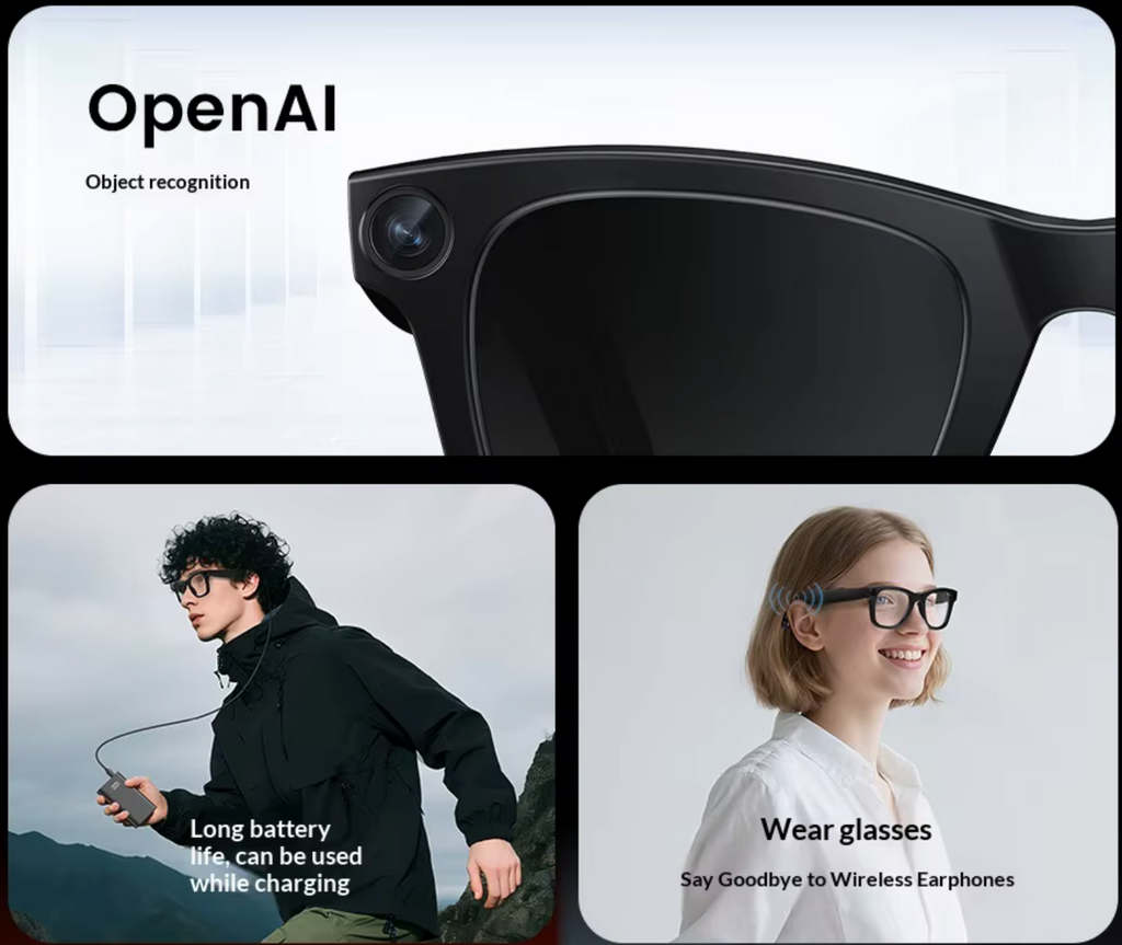 VIZER VISION ELITE glasses with a camera lens, featuring OpenAI branding and text about object recognition and wireless earphones.