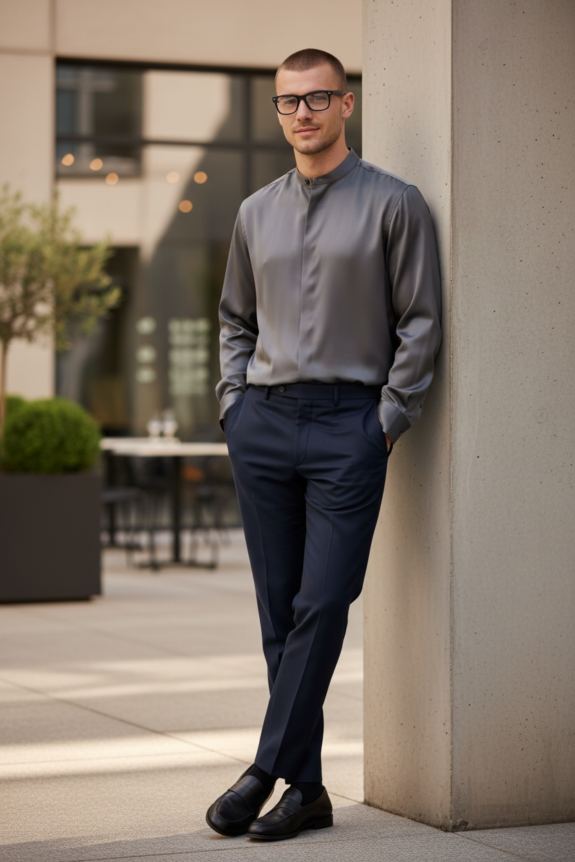 Man in gray shirt and navy pants posing outdoors near a building with a modern design wearing Vizer Vision Aura