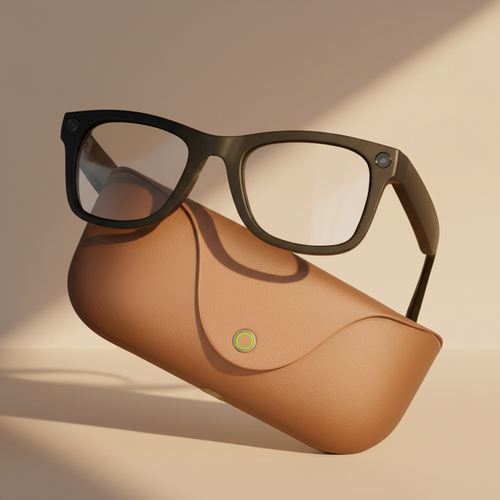 Vizer Vision Aura smart glasses resting on a stylish brown charging case with a simple design.